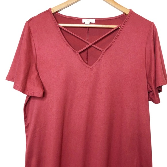 Charming Charlie Rusted Burgundy Short Sleeve V-neck Lace Cross Shirt Dress - Picture 5 of 16